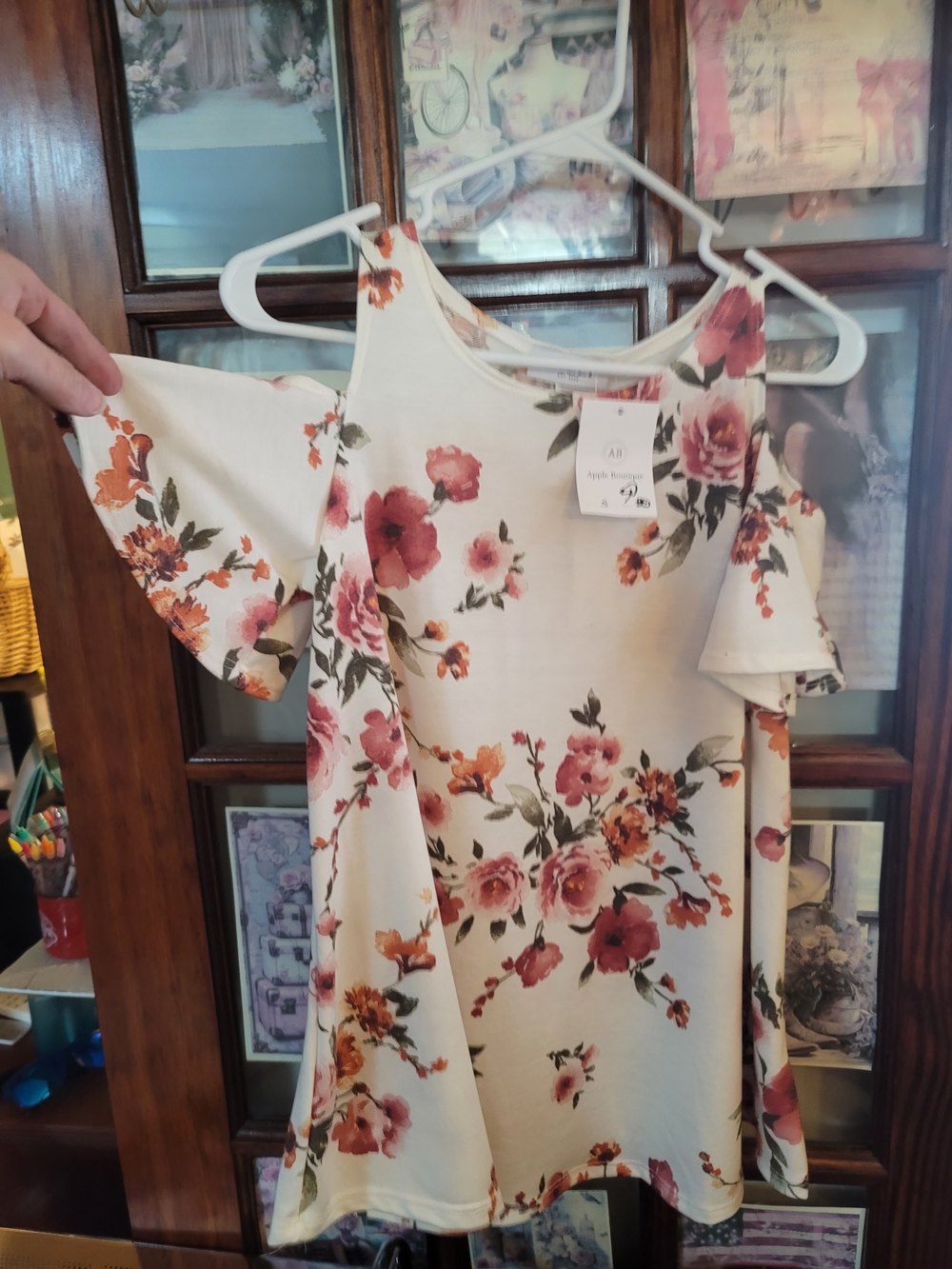 Floral Cold-Shoulder Swing Tunic - Cream with Pink & Rust Roses